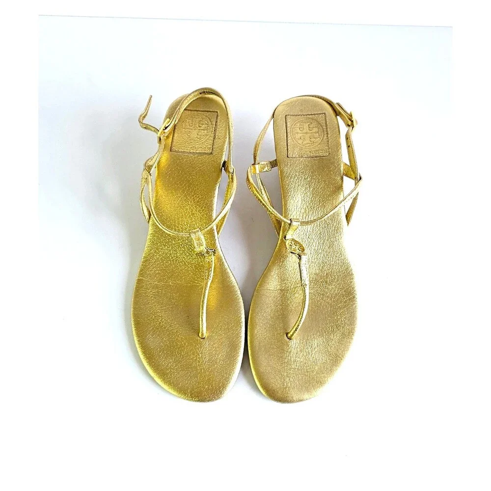 TORY BURCH Gold Emmy Wedge Sandals Metallic Leather Sz 10 Logo Ankle Strap